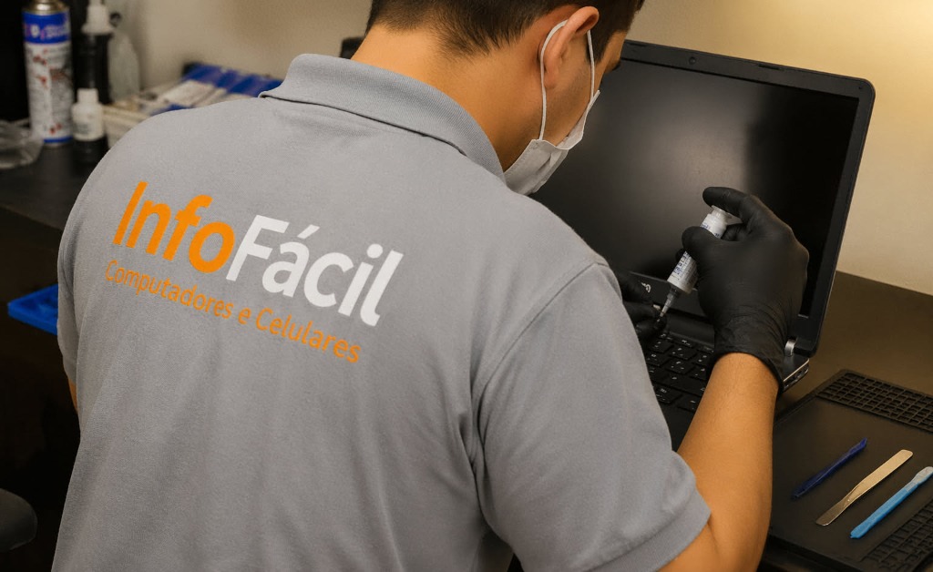 Técnico da Info Fácil realizando manutenção preventiva e aplicando pasta térmica em notebook