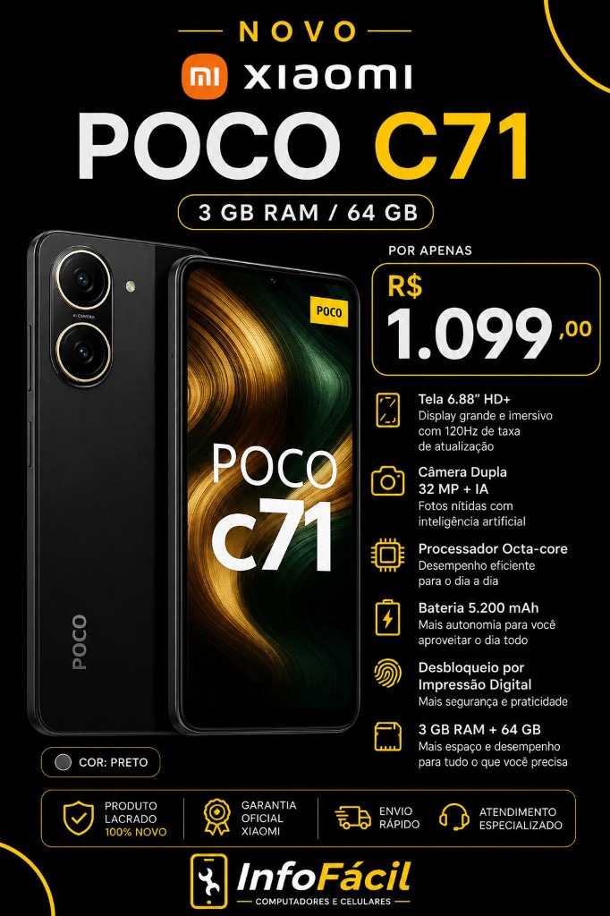 Xiaomi Poco C71 3GB/64GB Preto Lacrado na Info Fácil
