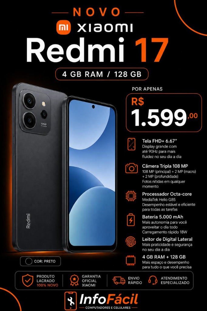 Xiaomi Redmi 17 4GB/128GB Preto Lacrado na Info Fácil