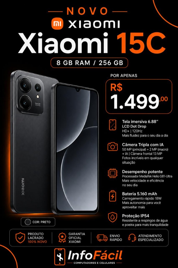 Xiaomi 15C 256GB 8GB RAM Preto Lacrado na Info Fácil